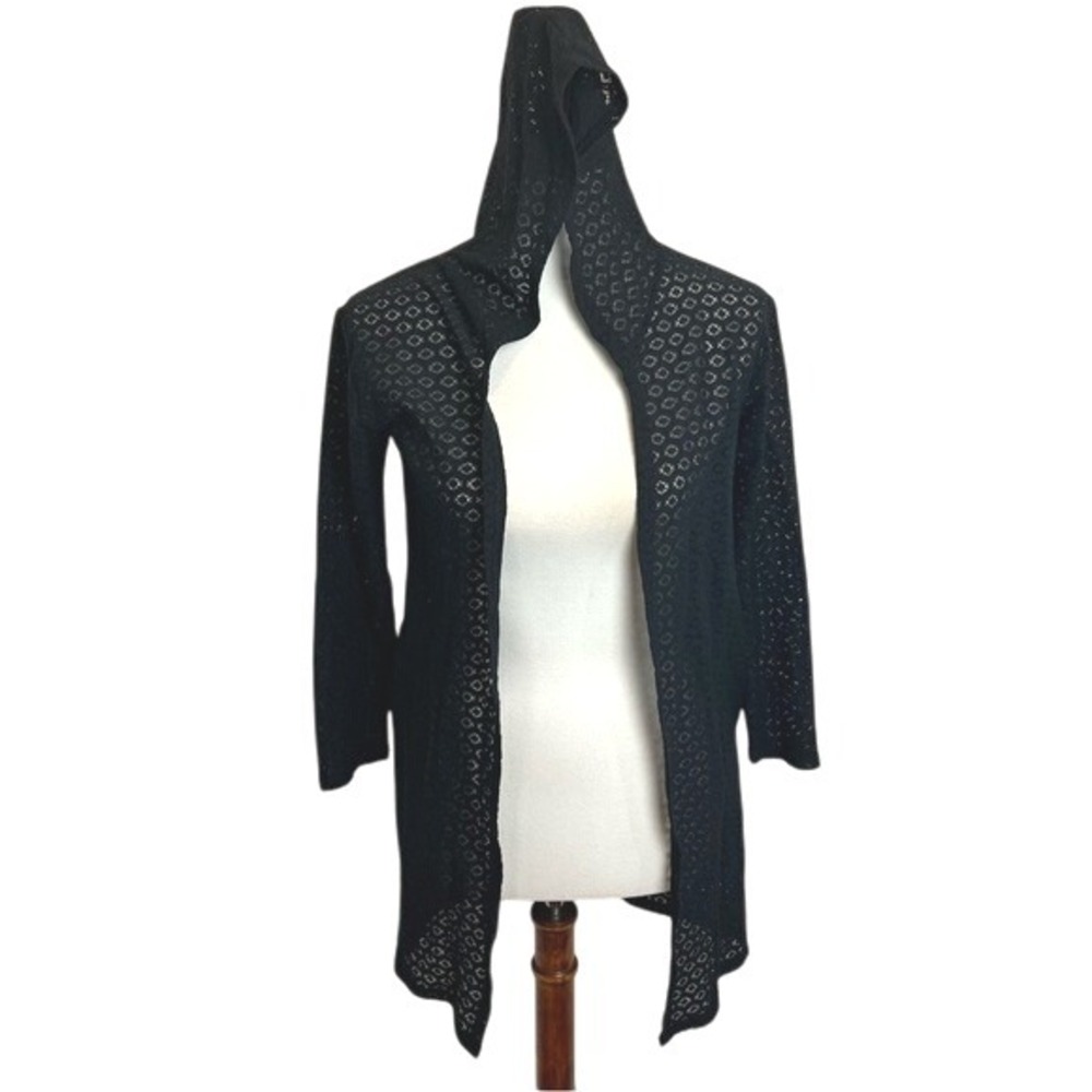 Pamela Black Open Front Hooded Crochet Cardigan Lightweight Boho Layer